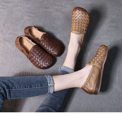 Retro Handmade Women Genuine Leather Loafers Shallow Comfortable Flat Shoes Moccasins Footwear