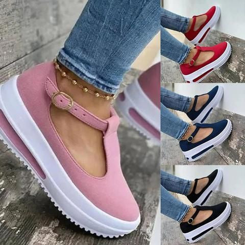 Women Vintage Buckle Strap Soft Sole Thick Bottom Platform Wedge Shoes