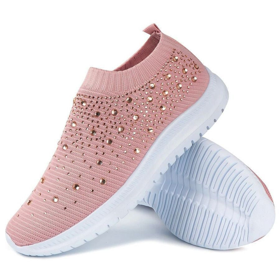 Women's Crystal Laceless Air Cushion Orthopedic Toe Box Slip On Sneaker Walking Shoes