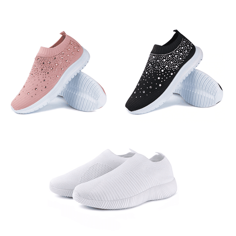 Women's Crystal Laceless Air Cushion Orthopedic Toe Box Slip On Sneaker Walking Shoes