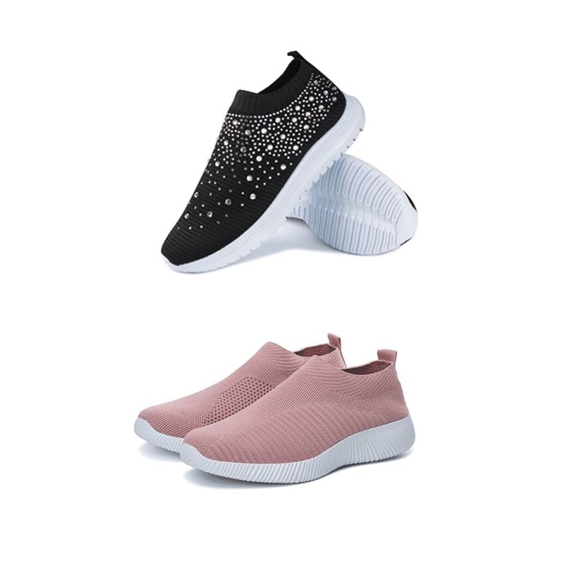 Women's Crystal Laceless Air Cushion Orthopedic Toe Box Slip On Sneaker Walking Shoes