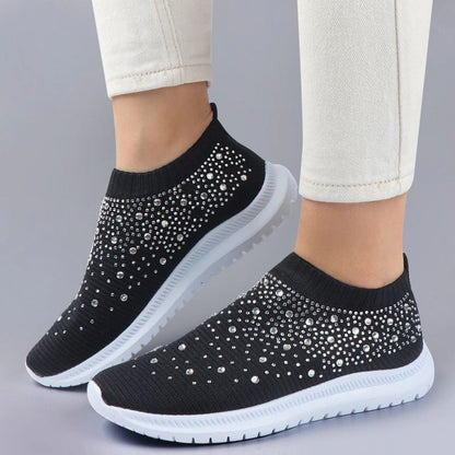 Women's Crystal Laceless Air Cushion Orthopedic Toe Box Slip On Sneaker Walking Shoes