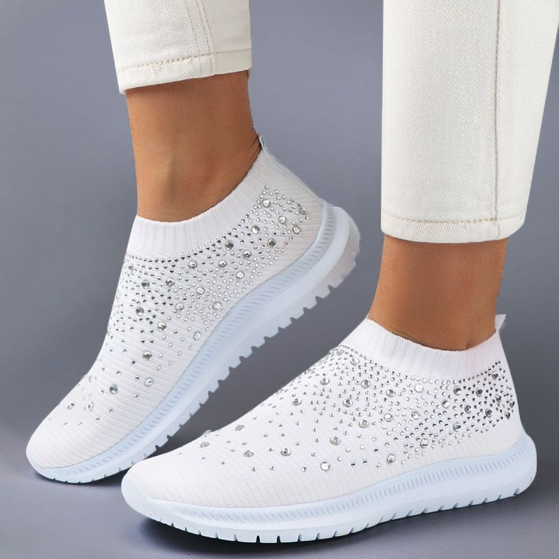 Women's Crystal Laceless Air Cushion Orthopedic Toe Box Slip On Sneaker Walking Shoes