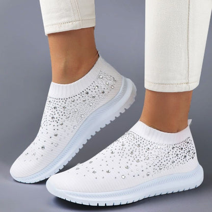 Women's Crystal Laceless Air Cushion Orthopedic Toe Box Slip On Sneaker Walking Shoes