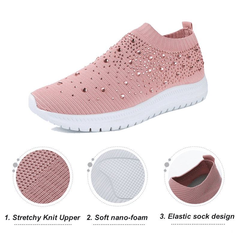 Women's Crystal Laceless Air Cushion Orthopedic Toe Box Slip On Sneaker Walking Shoes