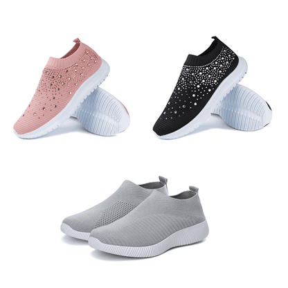 Women's Crystal Laceless Air Cushion Orthopedic Toe Box Slip On Sneaker Walking Shoes