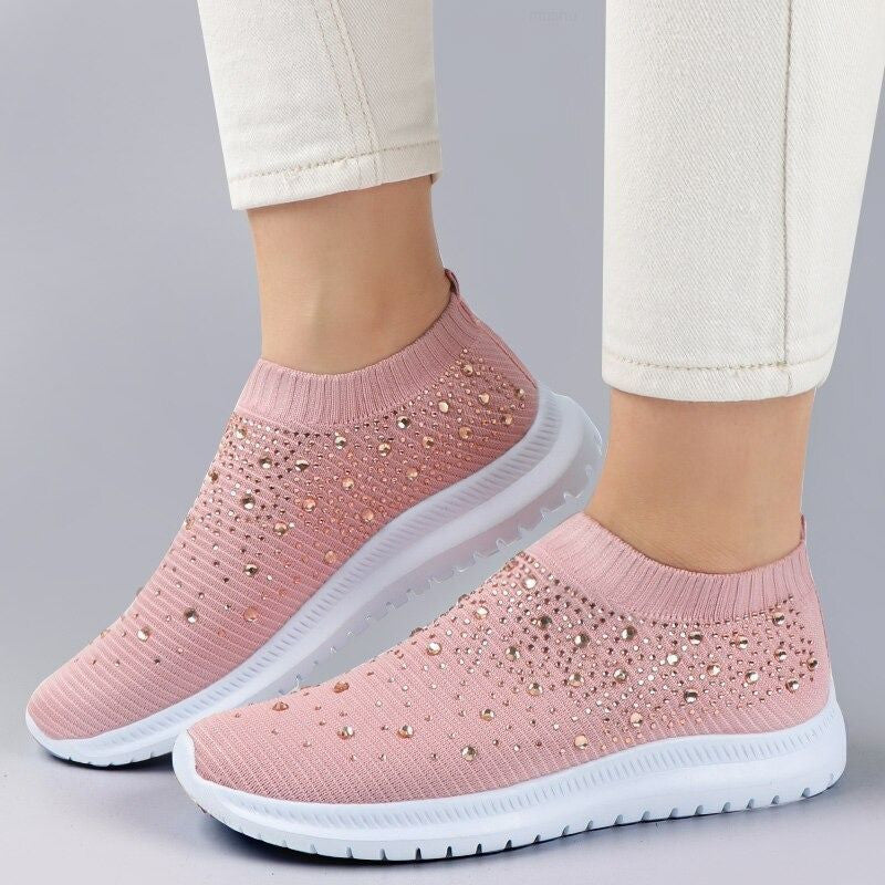 Women's Crystal Laceless Air Cushion Orthopedic Toe Box Slip On Sneaker Walking Shoes