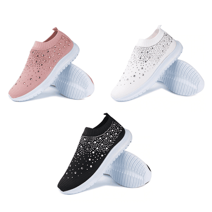 Women's Crystal Laceless Air Cushion Orthopedic Toe Box Slip On Sneaker Walking Shoes