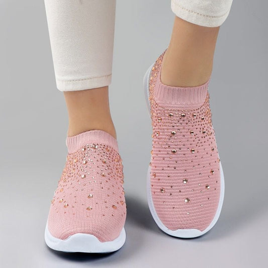 Women's Crystal Laceless Air Cushion Orthopedic Toe Box Slip On Sneaker Walking Shoes