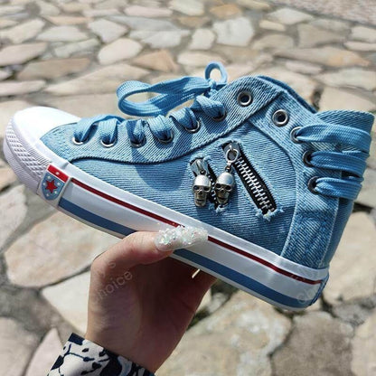 Denim High-Top Back Lace-up Design Canvas Women Skull Sneakers Shoes