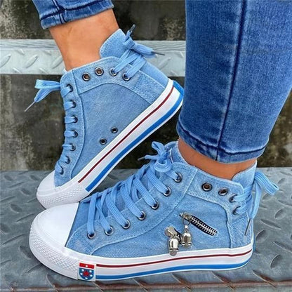 Denim High-Top Back Lace-up Design Canvas Women Skull Sneakers Shoes