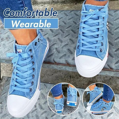 Denim High-Top Back Lace-up Design Canvas Women Skull Sneakers Shoes