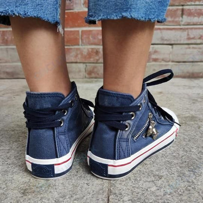 Denim High-Top Back Lace-up Design Canvas Women Skull Sneakers Shoes