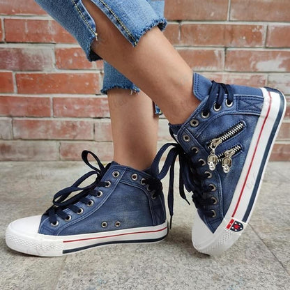 Denim High-Top Back Lace-up Design Canvas Women Skull Sneakers Shoes