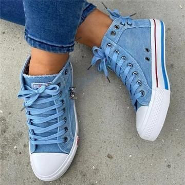 Denim High-Top Back Lace-up Design Canvas Women Skull Sneakers Shoes