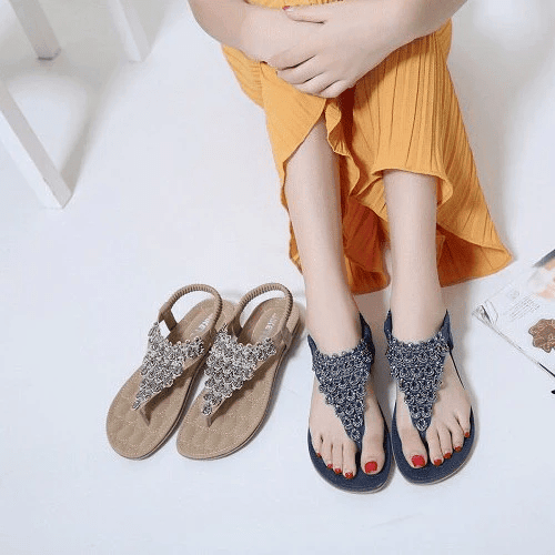 Rhinestone Sandals For Women T-strap Flat Anti-shock Stylish For Summer