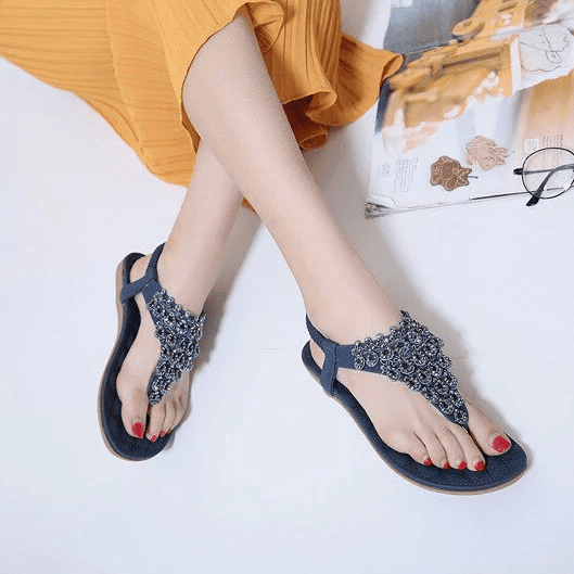 Rhinestone Sandals For Women T-strap Flat Anti-shock Stylish For Summer