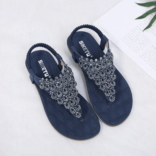 Rhinestone Sandals For Women T-strap Flat Anti-shock Stylish For Summer