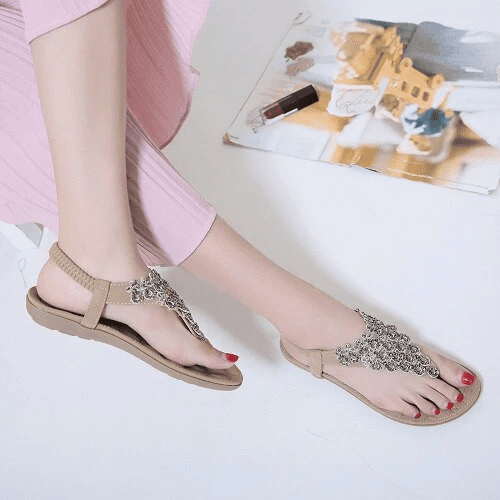 Rhinestone Sandals For Women T-strap Flat Anti-shock Stylish For Summer