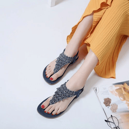 Rhinestone Sandals For Women T-strap Flat Anti-shock Stylish For Summer