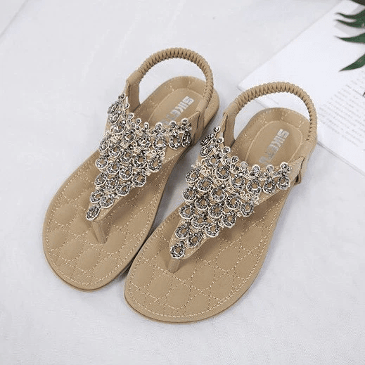 Rhinestone Sandals For Women T-strap Flat Anti-shock Stylish For Summer