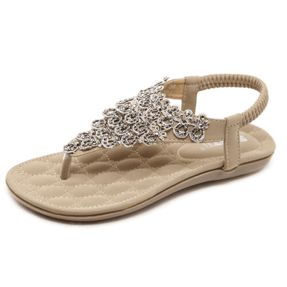 Rhinestone Sandals For Women T-strap Flat Anti-shock Stylish For Summer