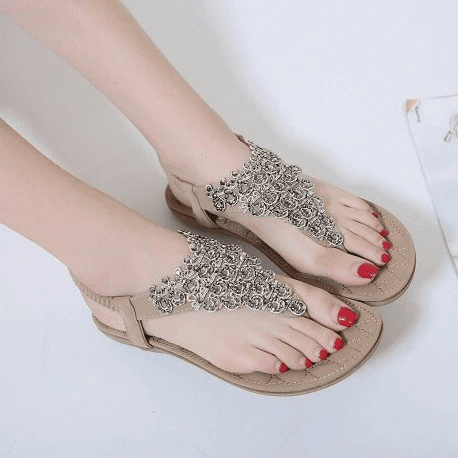 Rhinestone Sandals For Women T-strap Flat Anti-shock Stylish For Summer