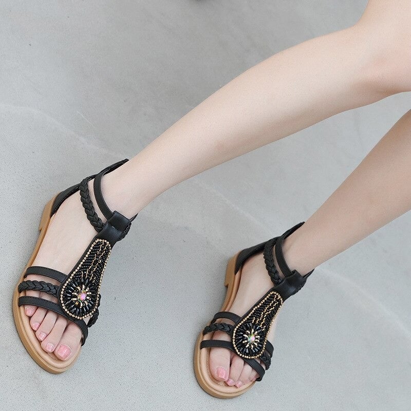 Bohemia Rhinestone Sandals For Women Beach Summer Soft Leather