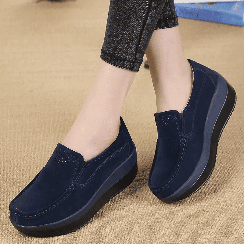  Slip On Elegant Suede Leather Women Flat Platform Walking Casual Shoes