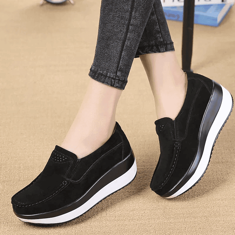  Slip On Elegant Suede Leather Women Flat Platform Walking Casual Shoes