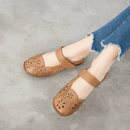  Casual Solid Buckle Strap Hollow Genuine Leather Flat Shoes For Women