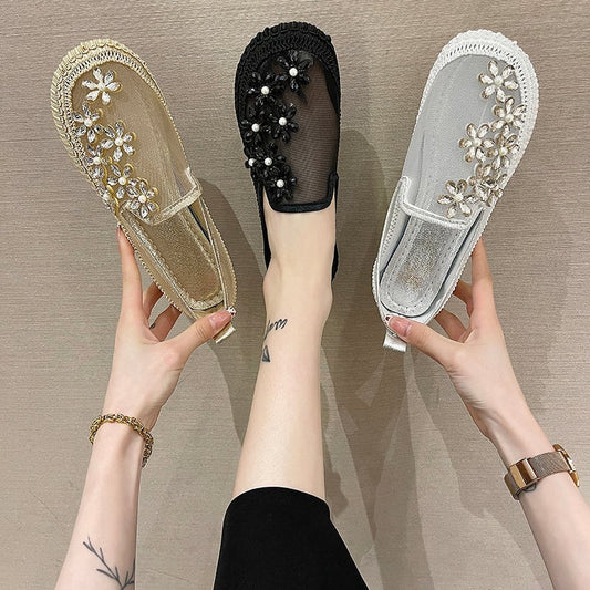  Crystal Flowers Mesh Ballet Flats Walking Shoes