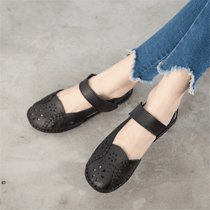  Casual Solid Buckle Strap Hollow Genuine Leather Flat Shoes For Women