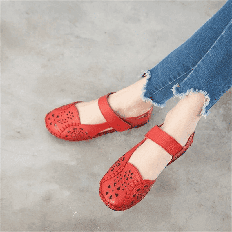  Casual Solid Buckle Strap Hollow Genuine Leather Flat Shoes For Women