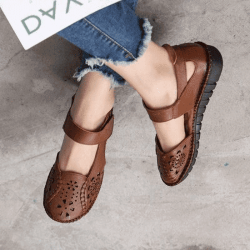  Casual Solid Buckle Strap Hollow Genuine Leather Flat Shoes For Women