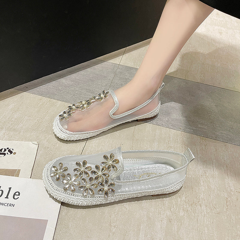  Crystal Flowers Mesh Ballet Flats Walking Shoes