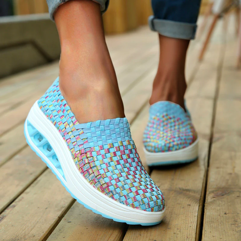  Women Wedges Knitted Thick Platform Shoes Breathable Casual Sneakers