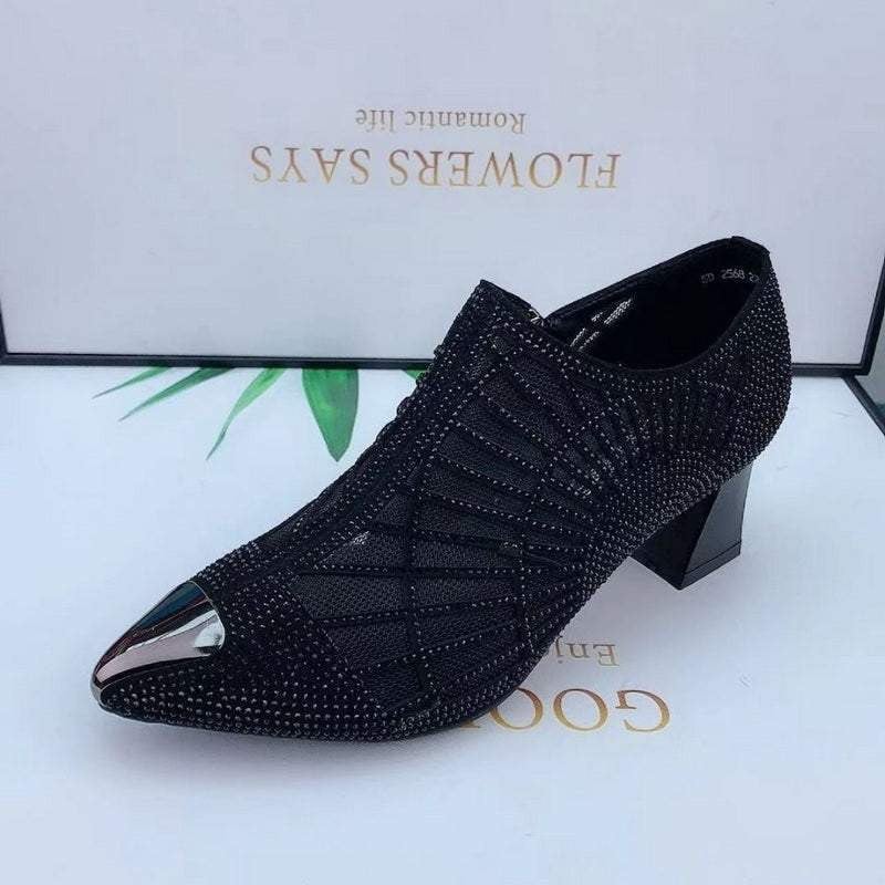 Hollow bow knot thick heel women's shoes