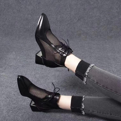 Hollow mesh thick heel leather women's shoes