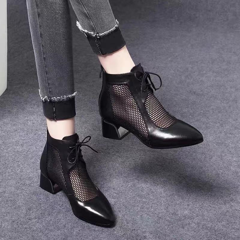 Hollow mesh thick heel leather women's shoes