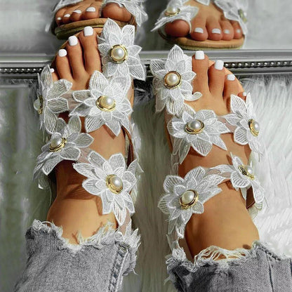 Toe Ring Flower Design Flat Sandals