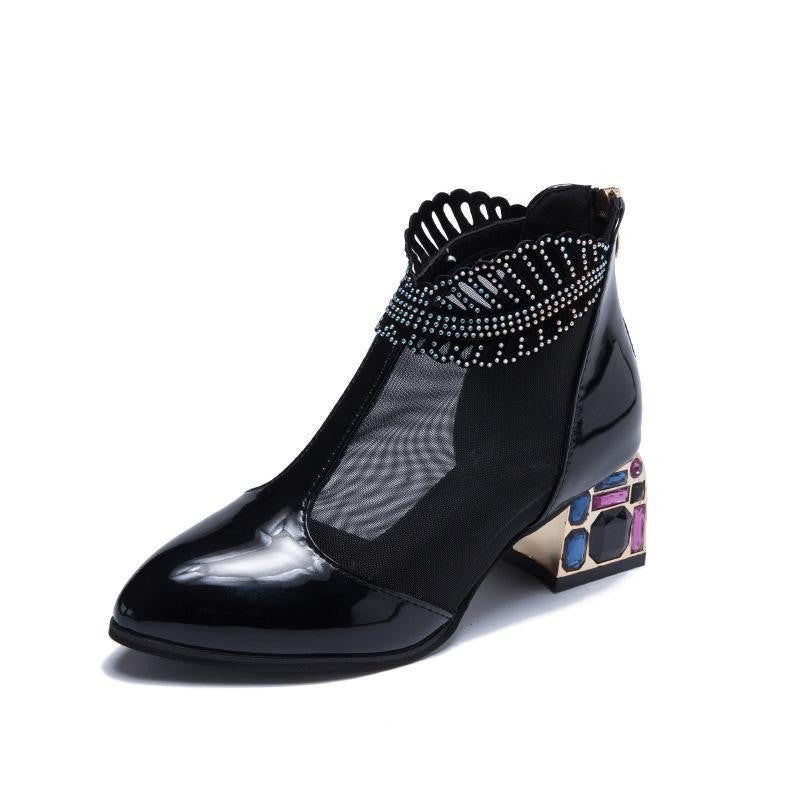   new ladies mesh thick-heel patent leather mid-heel shoes