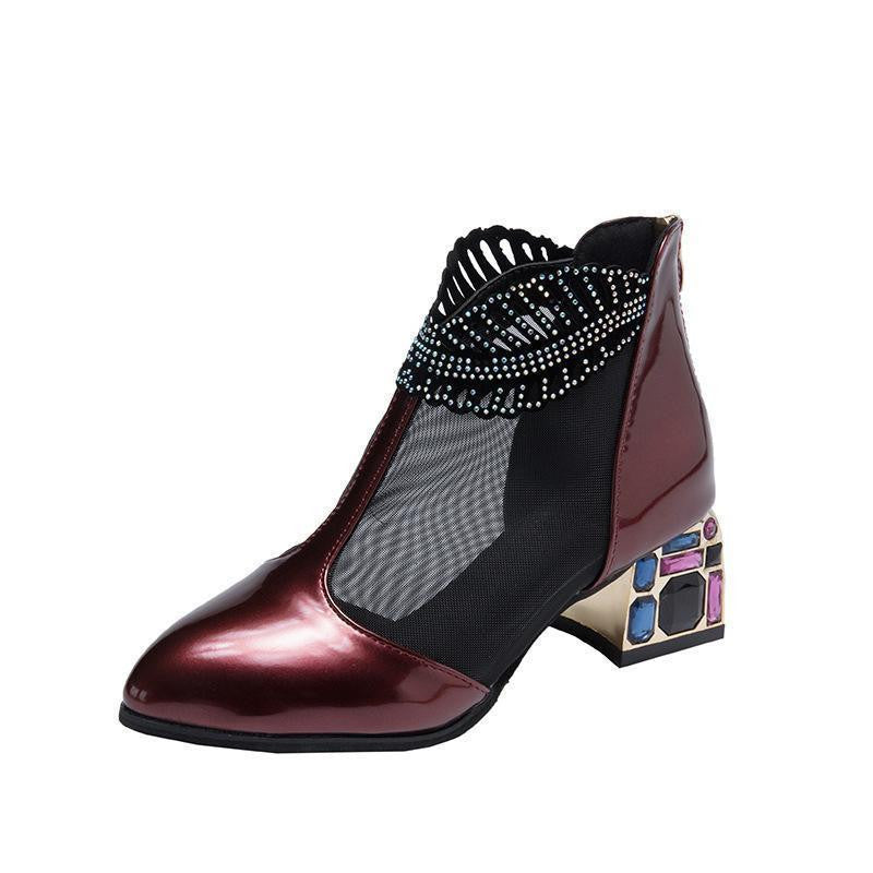   new ladies mesh thick-heel patent leather mid-heel shoes