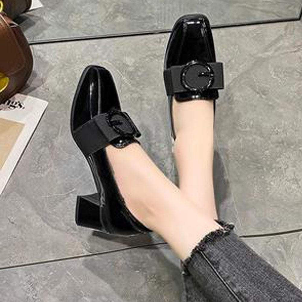   fashion soft leather loafers patent leather thick heel women's shoes