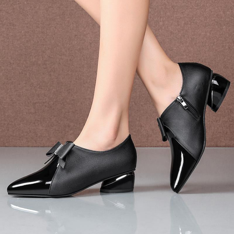 Autumn new thick heel bow leather shoes