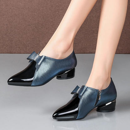 Autumn new thick heel bow leather shoes