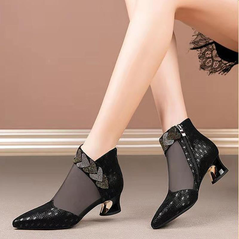 Rhinestone pointed toe shoes thick heel women's shoes