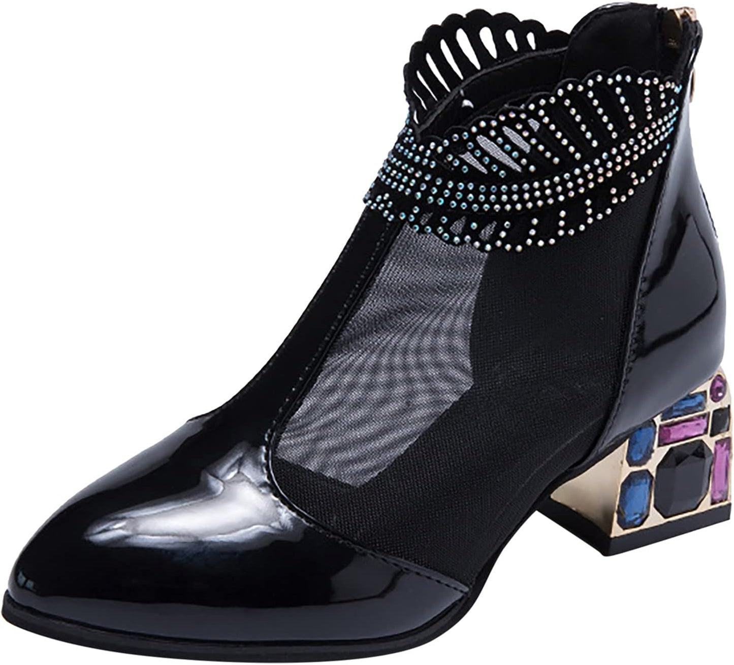 new ladies mesh thick-heel patent leather mid-heel shoes