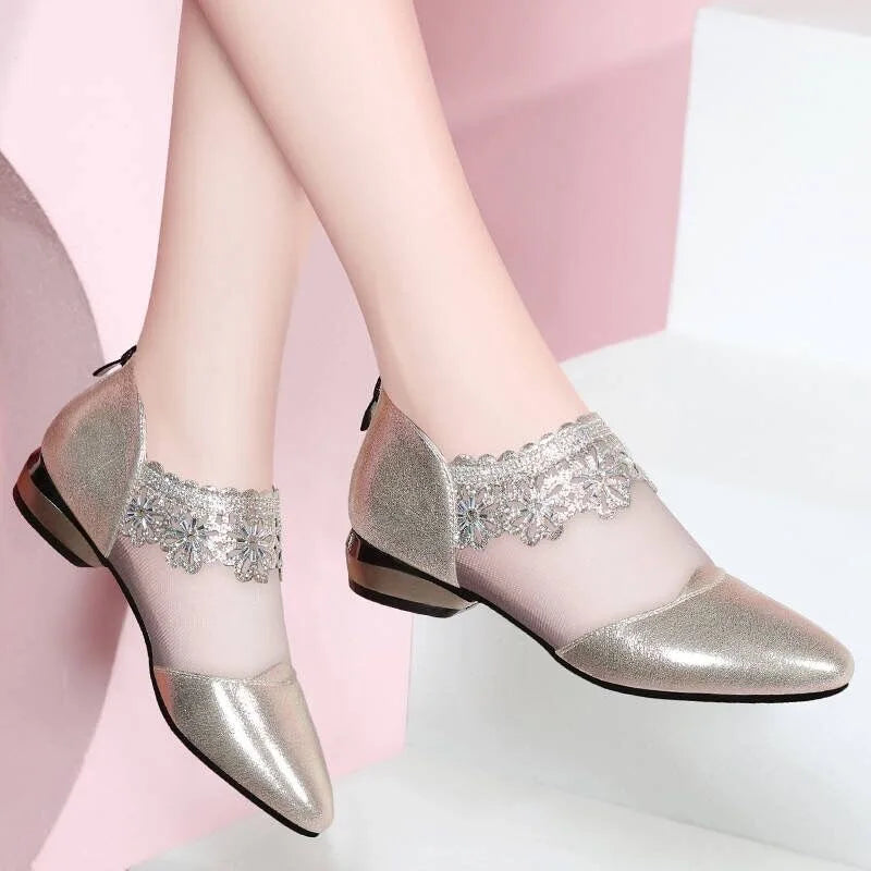 Net yarn soft sole low-heeled women's shoes