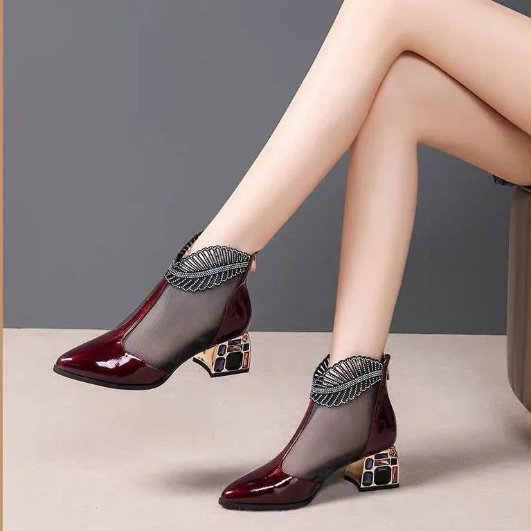 new ladies mesh thick-heel patent leather mid-heel shoes